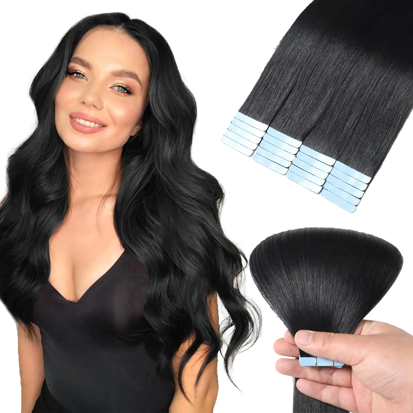 Tape in Human Hair Extensions | Jet Black | 20pcs/50g - 20 Inch