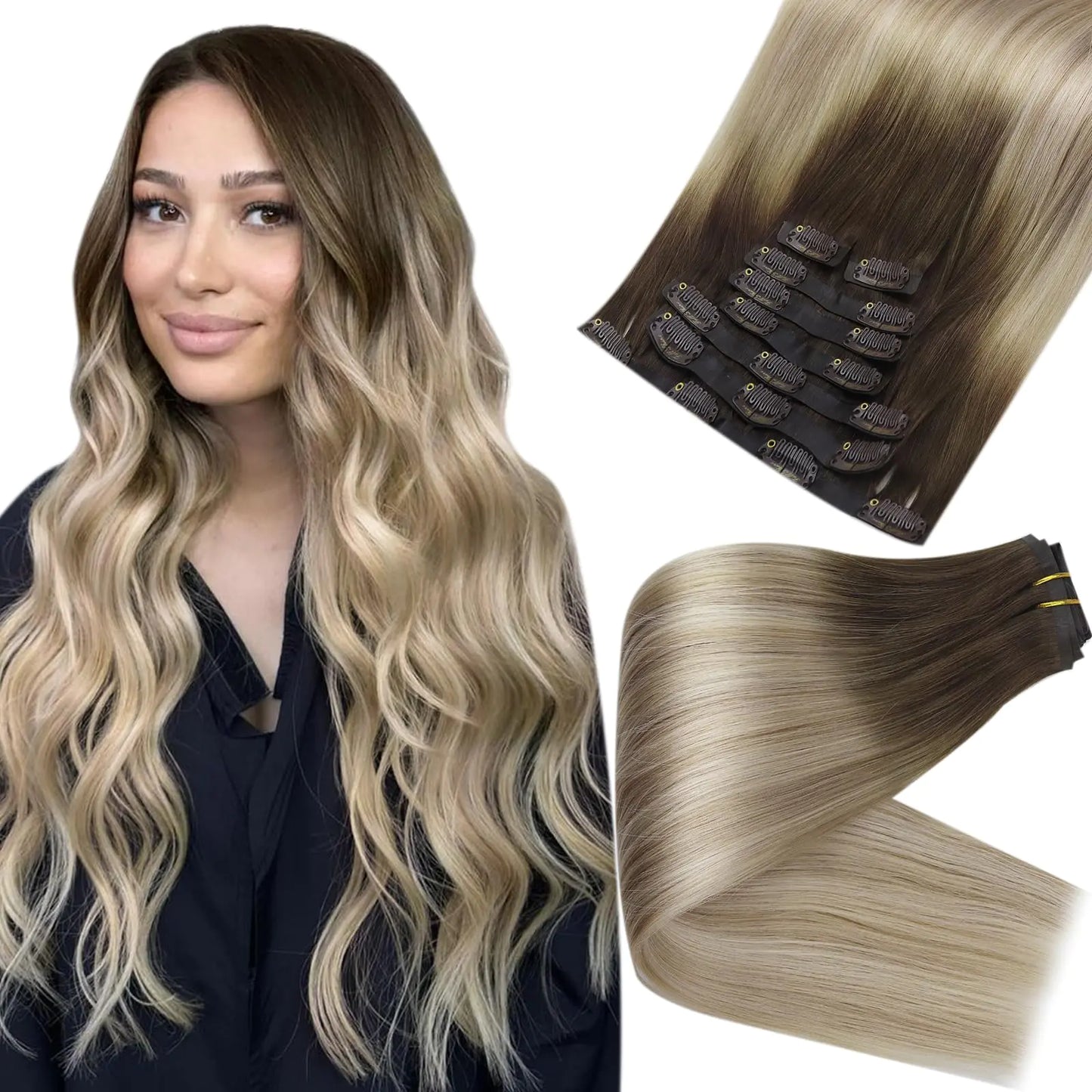 Ombre Clip In Hair Extensions Dark Brown To Bleach Blonde | 14 Inch - 120g - 8 Pcs