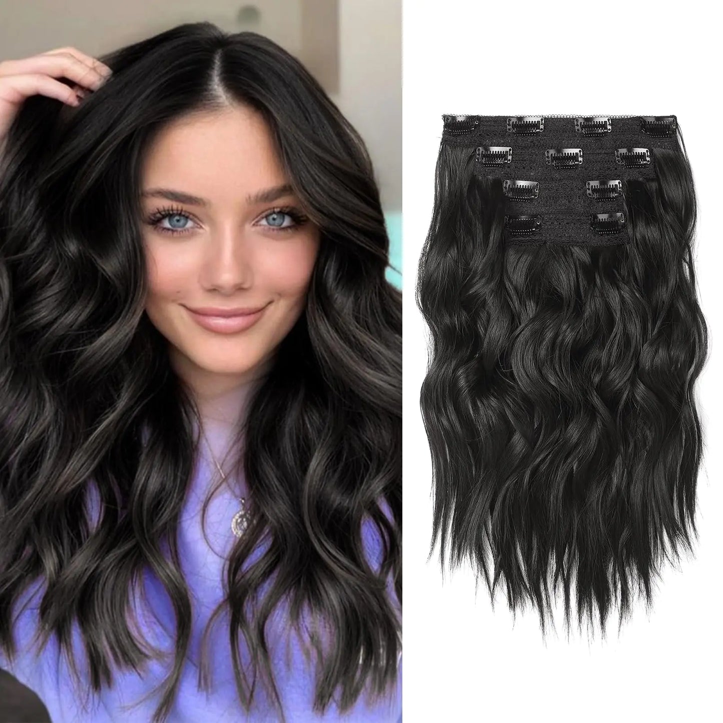 Beach Wave Black Brown Short Clip in Hair Extensions | 14inch - 4PCS