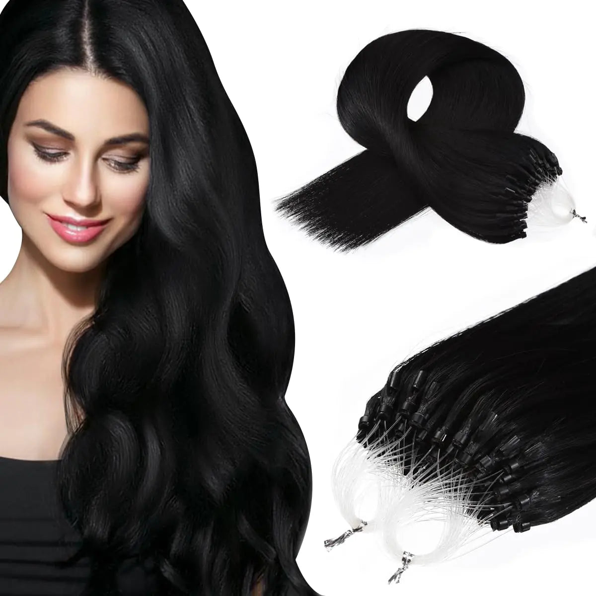 Jet Black Micro Loop Hair Extensions | 16 Inch - 1g/Strand - 50g /pack