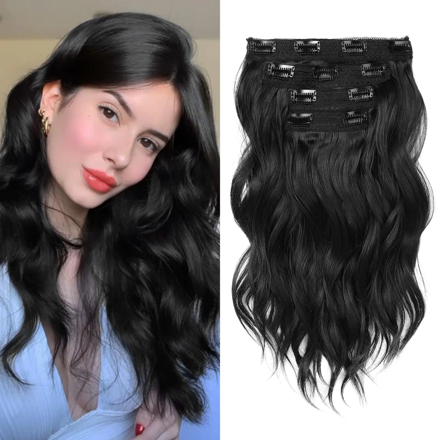 Short Beach Wavy Hair Extensions | 4PCS Clip in 14" – Black