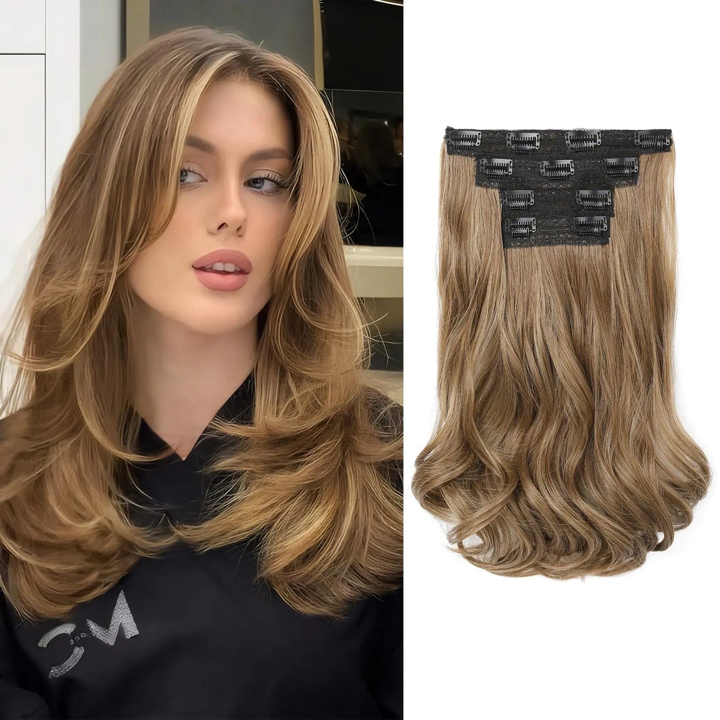 Light Brown with Blonde Highlights | Short Wavy Clip in Hair Extensions | 4PCS - 14inches
