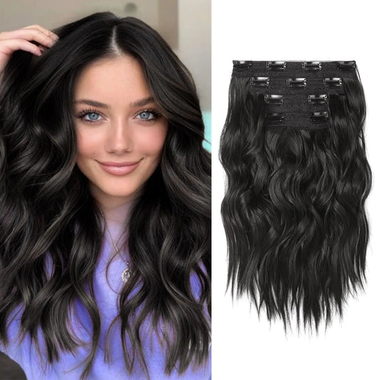 Beach Wave Black Brown Short Clip in Hair Extensions |  14inch - 4PCS