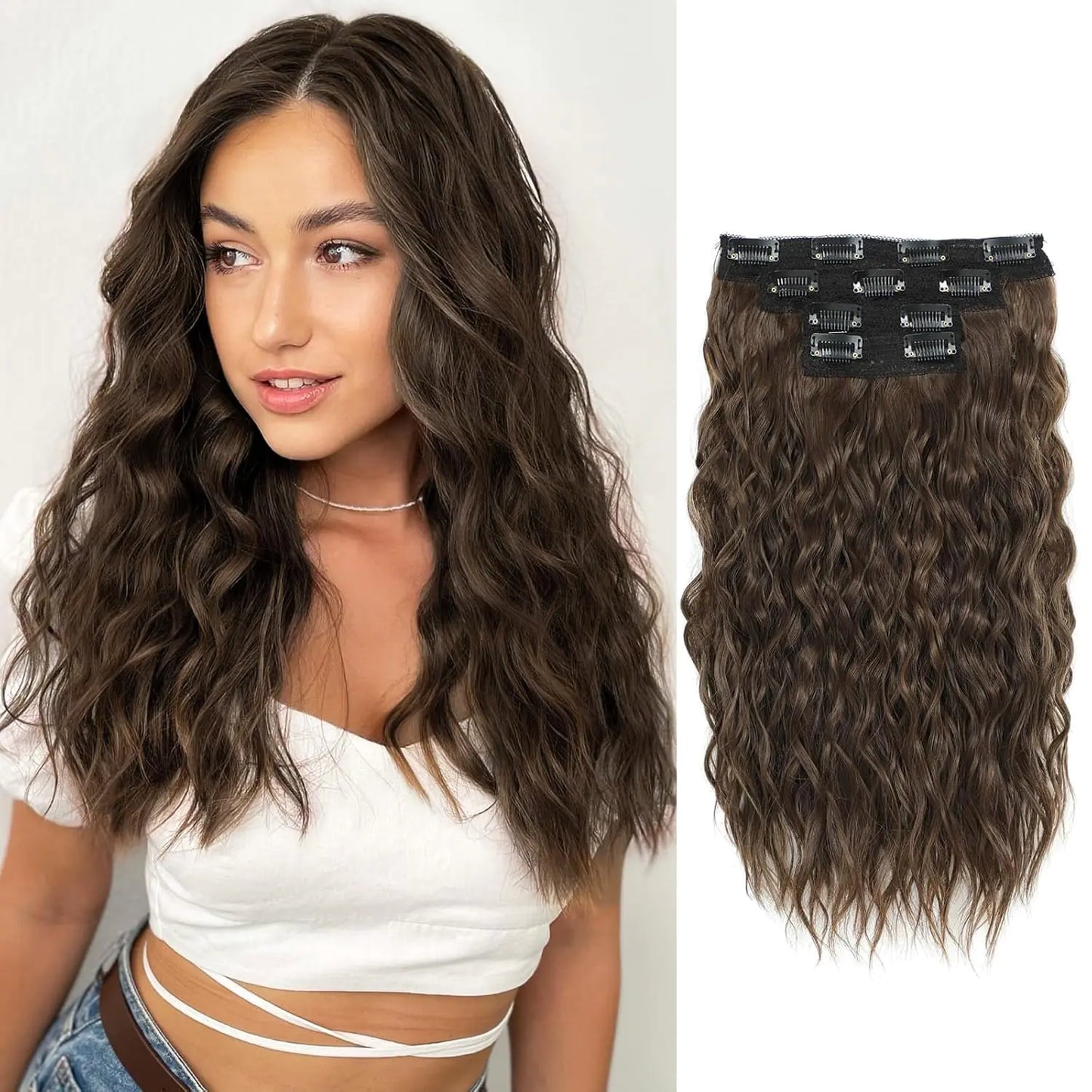 Brown Wavy Curly Clip in Hair Extensions | 4PCS